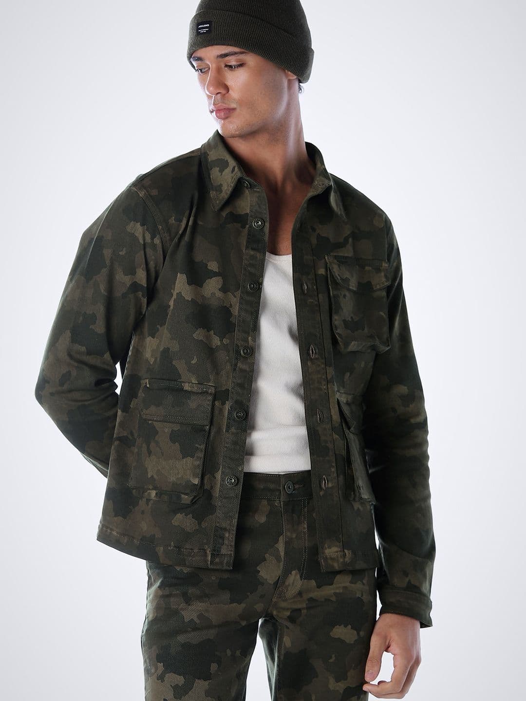 Jack & Jones Men Spread Collar Camouflage Printed Denim Jacket - view 1