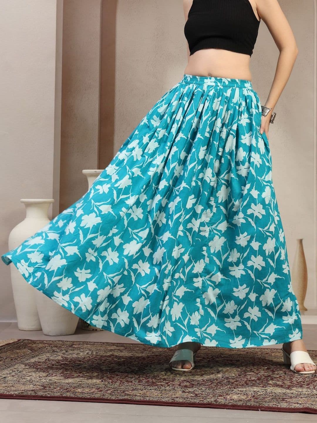 SUNEKH Women Self Design Floral Pure Cotton Flared Maxi Skirt - view 1