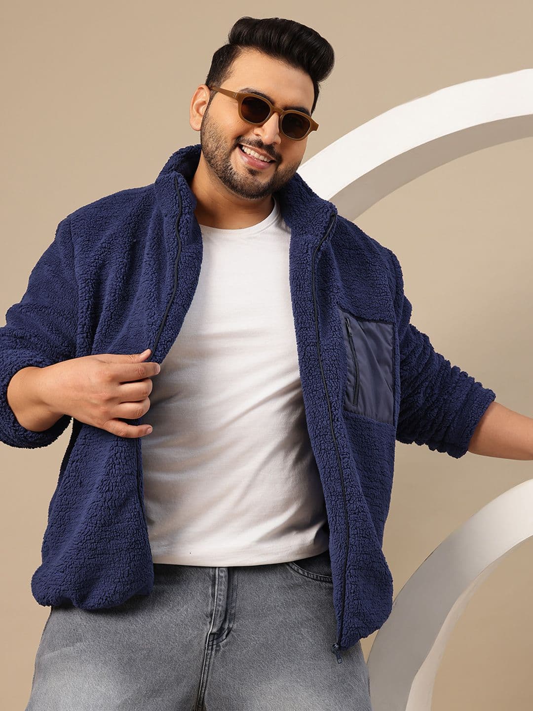 Sztori Plus Size Faux Fur Trim Mock Collar Tailored Jacket - view 1