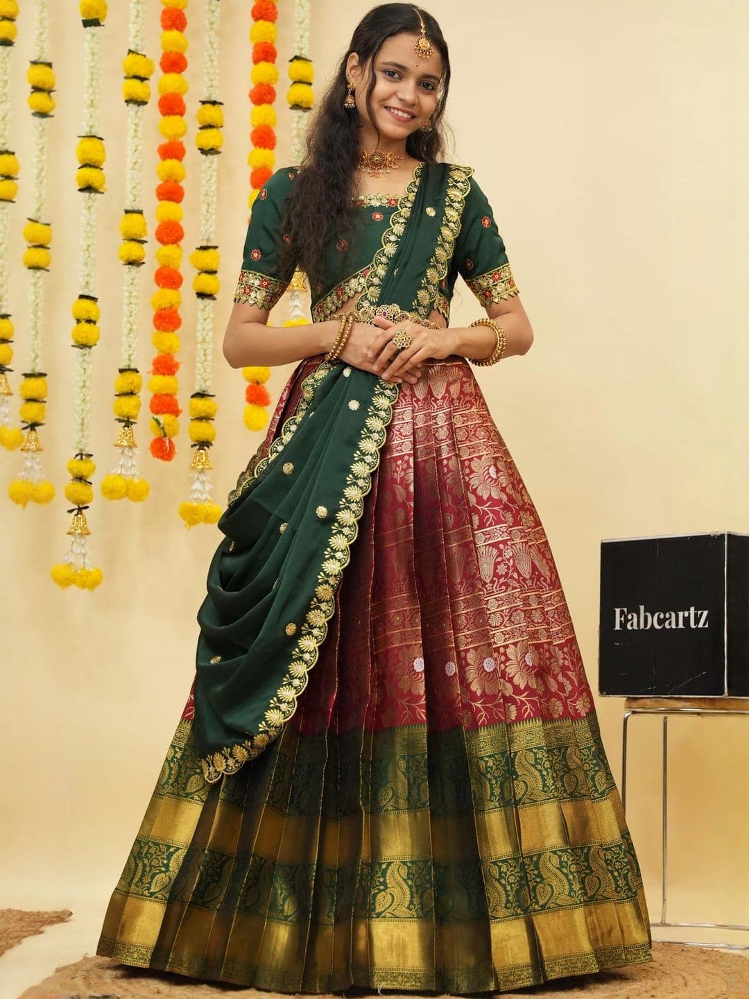 Fabcartz Trending Beautiful Unstitch South Indian Style Half Saree With Blouse & Dupatta - view 1