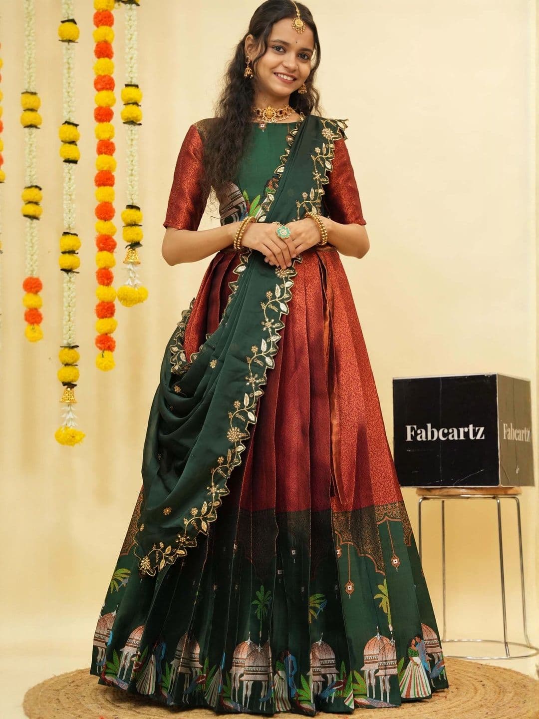 Fabcartz Trending Beautiful Unstitch South Indian Style Half Saree With Blouse & Dupatta - view 1