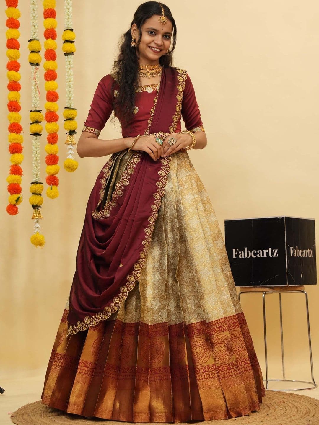 Fabcartz Trending Beautiful Unstitch South Indian Style Half Saree With Blouse & Dupatta - view 1