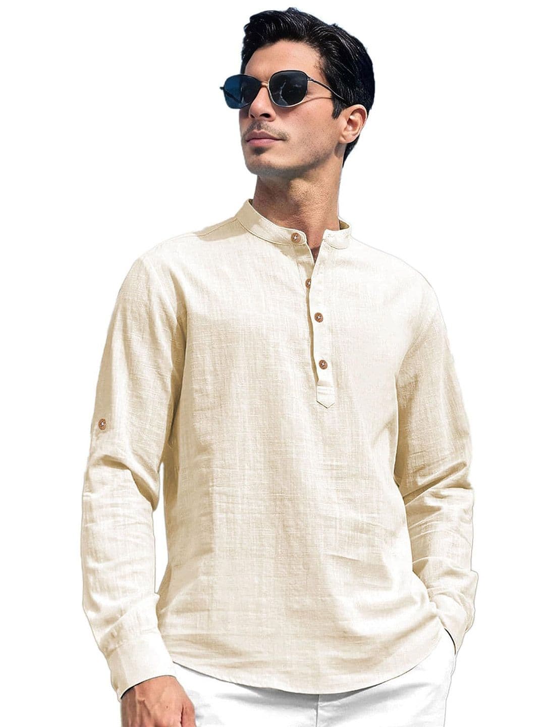 KNOWTED Band Collar Roll-Up Sleeves Straight Short Kurta - view 1