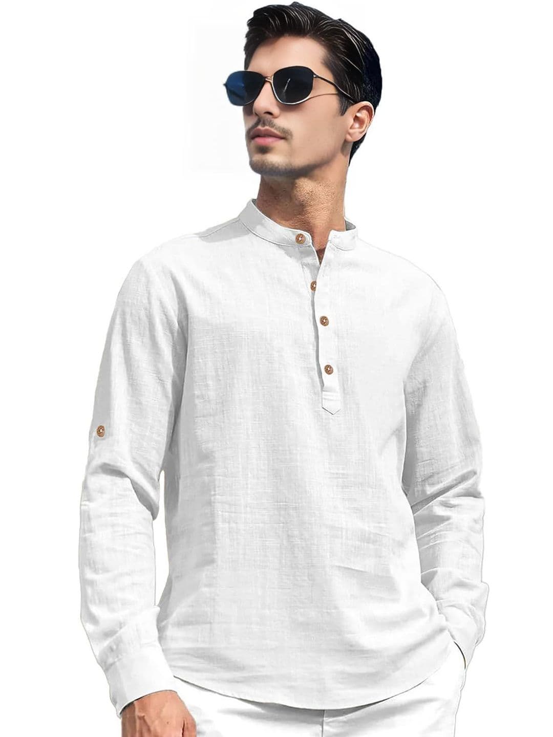 BHUVIKOO Band Collar Roll-Up Sleeves Short Kurta - view 1