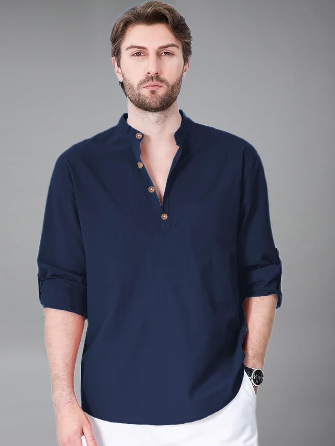 KNOWTED Mandarin Collar Roll-Up Sleeves Straight Short Kurta - view 1