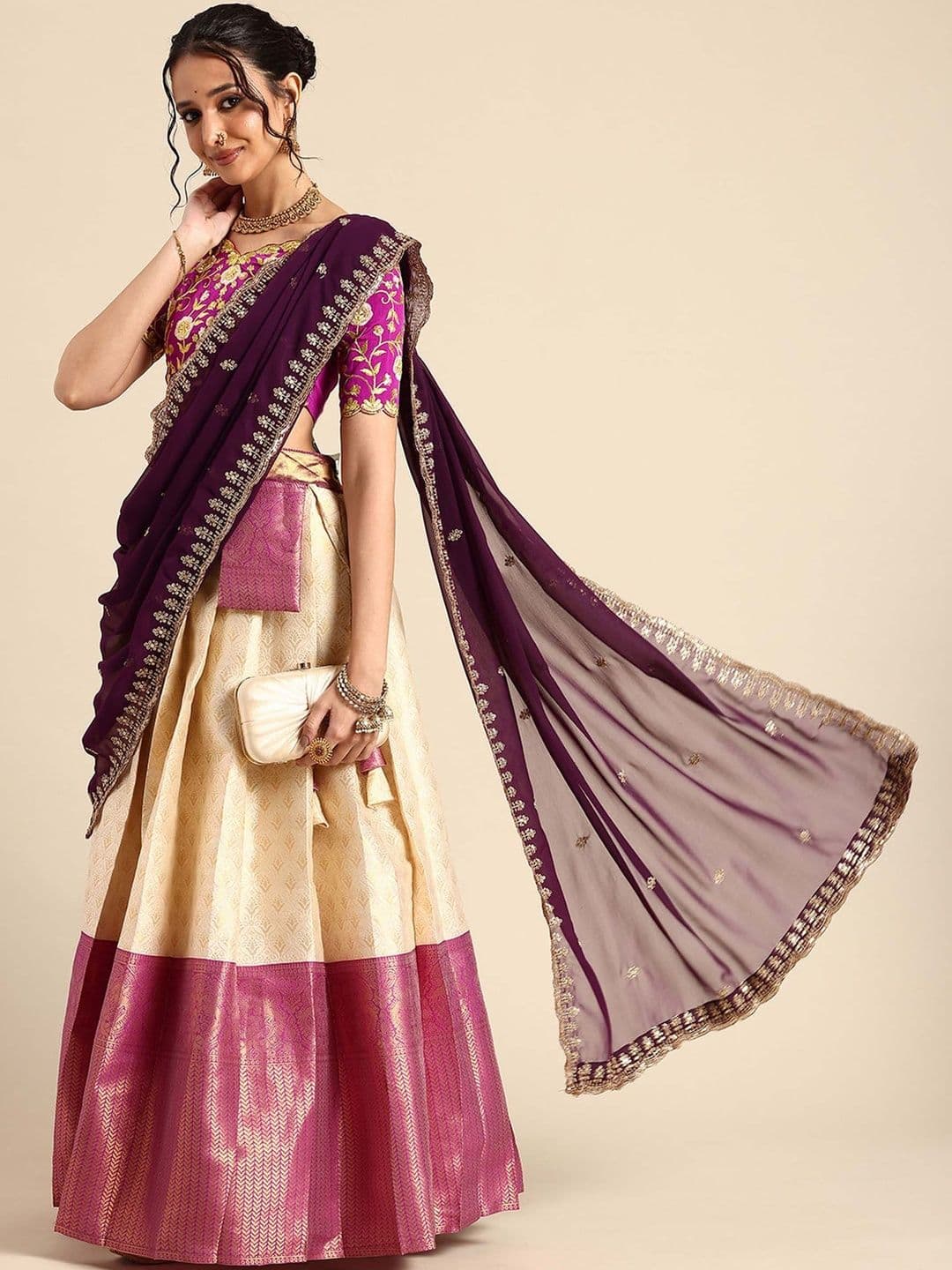 Fabcartz Trending Beautiful Unstitch South Indian Style Half Saree With Blouse & Dupatta - view 1