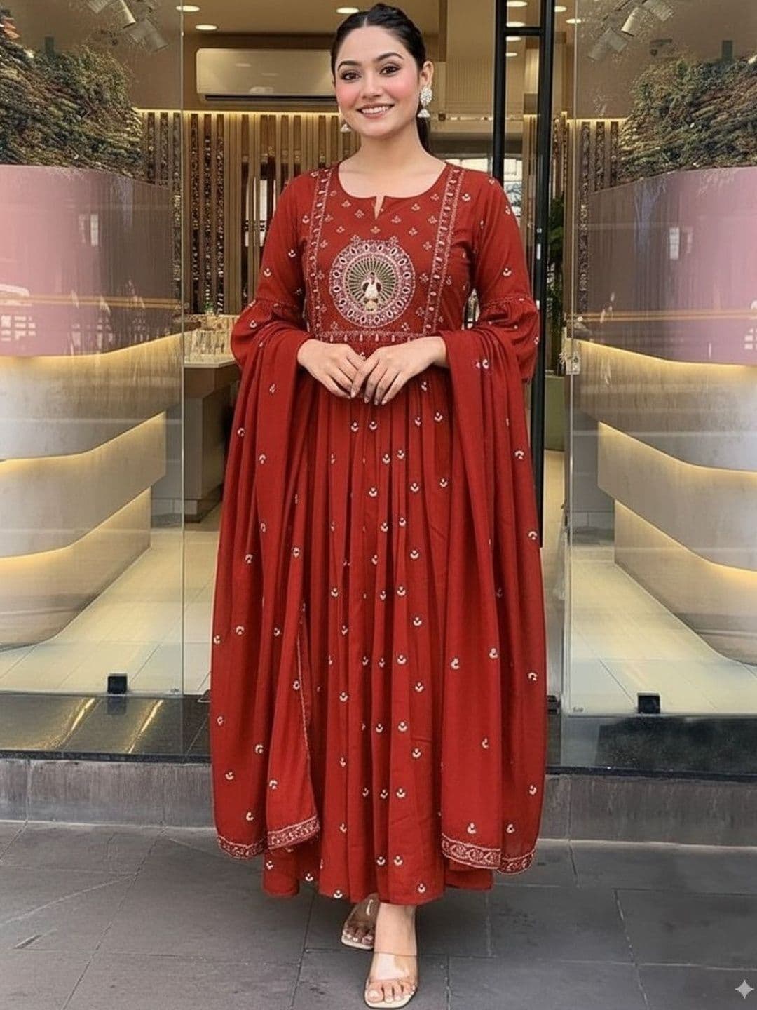PARTHVI Women Ethnic Motifs Printed Panelled Thread Work Pure Cotton Kurta with Trousers & With Dupatta - view 1
