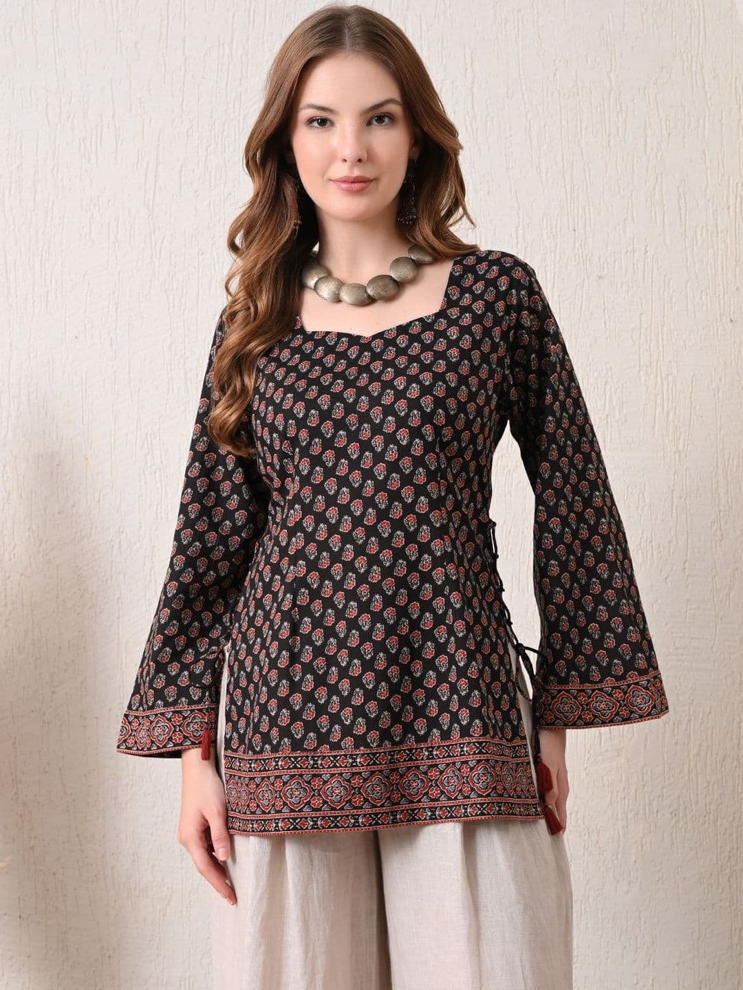 KALAMIR Print Bell Sleeve Ethnic Cotton Top - view 1
