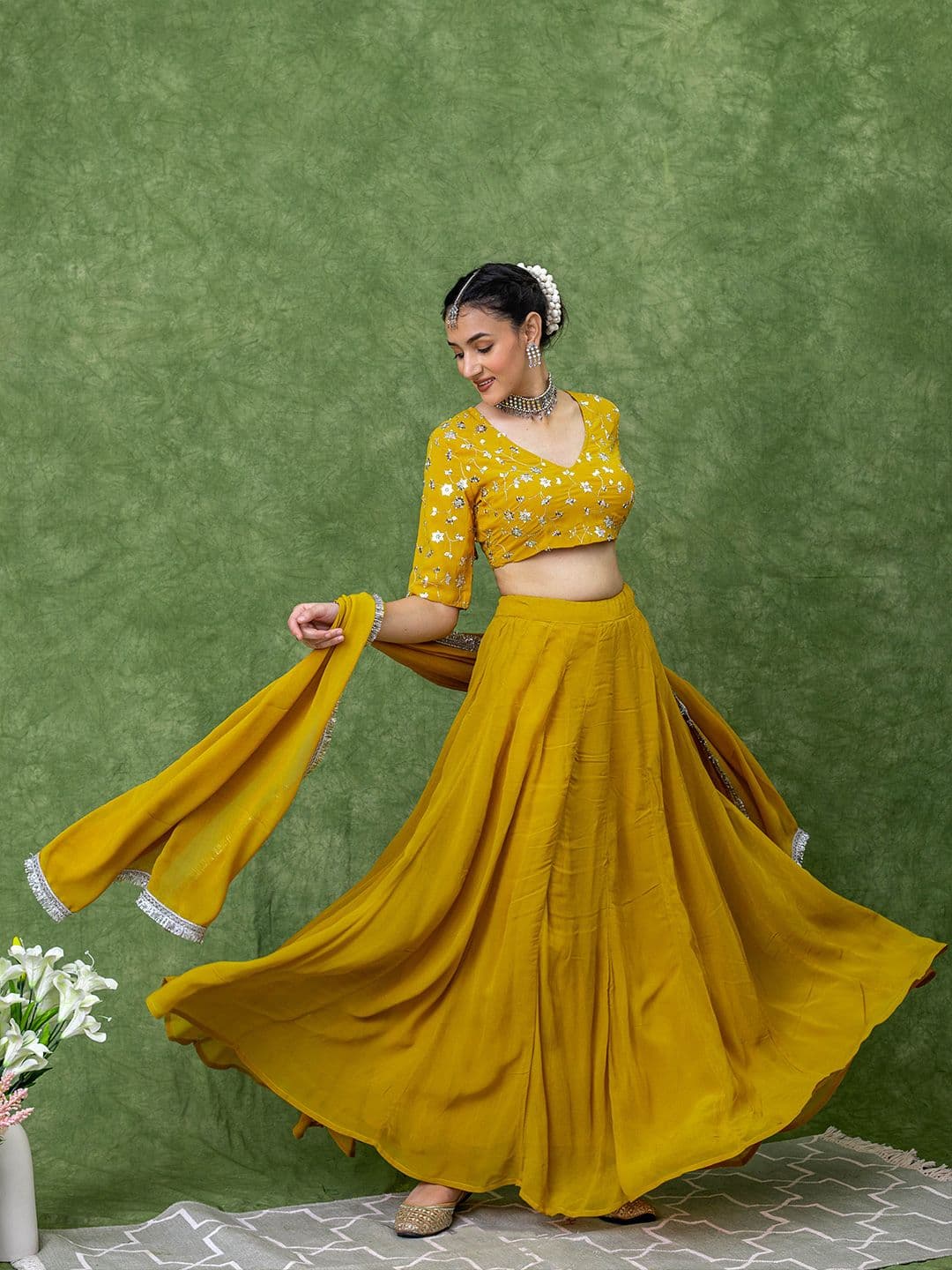 KASYA Floral Embroidered Gotta Patti Ready to Wear Lehenga & Blouse With Dupatta - view 1