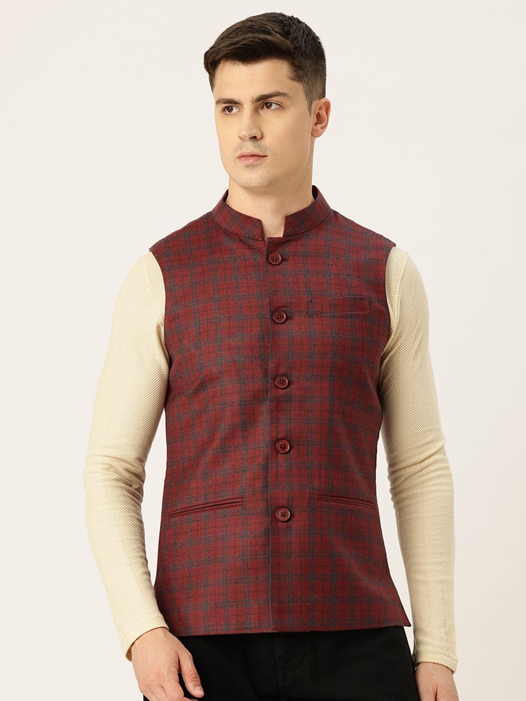 Monte Carlo Checked Pure Wool Nehru Jacket - view 1