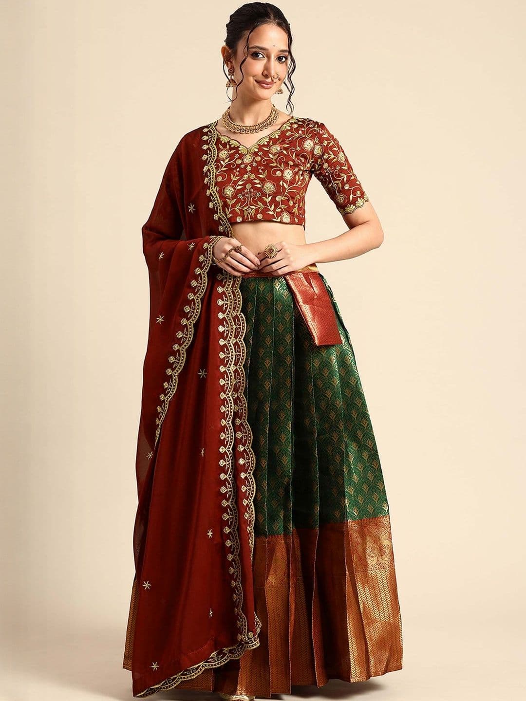 Fabcartz Trending Beautiful Unstitch South Indian Style Half Saree With Blouse & Dupatta - view 1