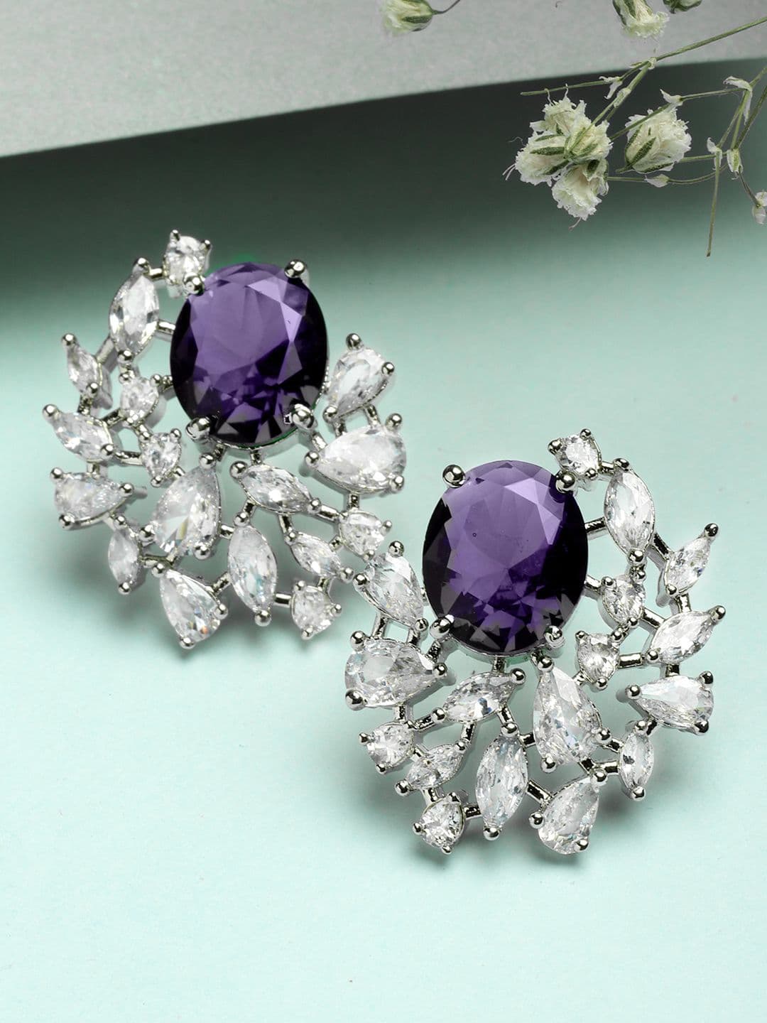 KARATCART Silver-Plated Contemporary American Diamond Studded Studs - view 1