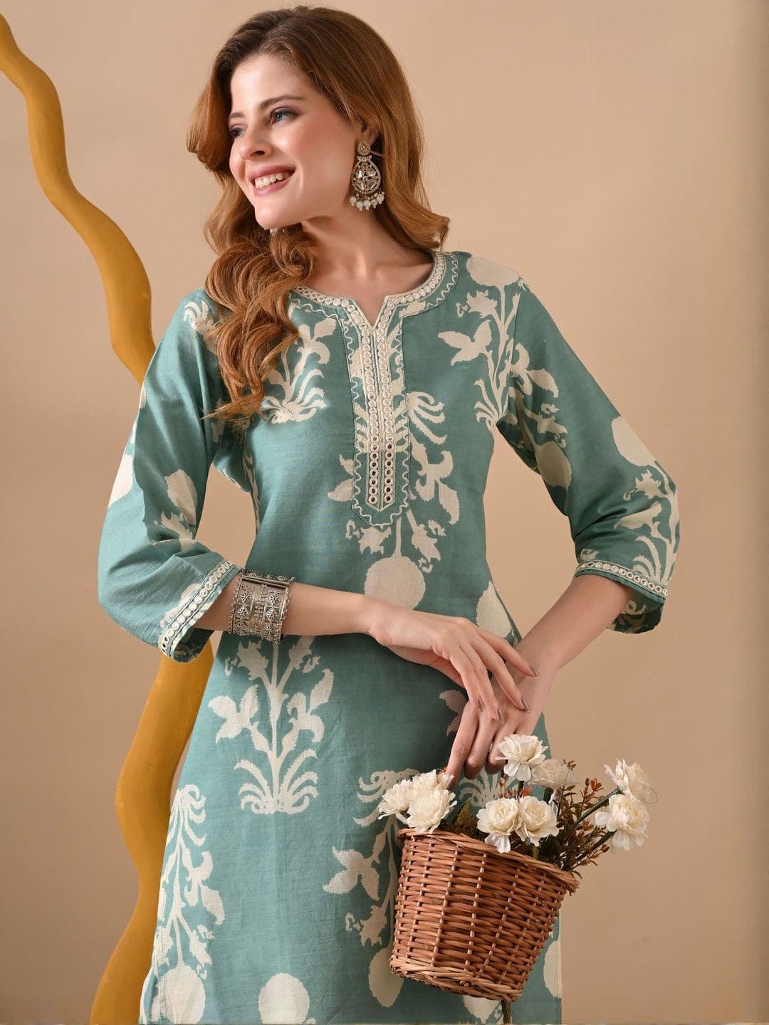 KJFAB Women Ethnic Motifs Printed Regular Pure Cotton Kurta with Trousers - view 1