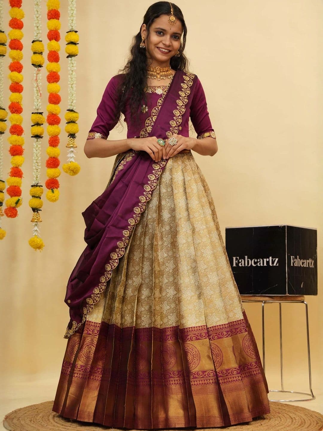 Fabcartz Embroidered Round Neck Zari UnStitched Lehenga & Blouse With Dupatta - view 1