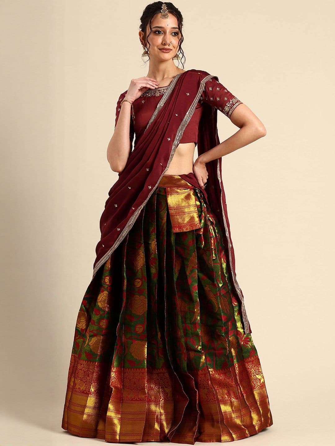 Fabcartz Trending Beautiful Unstitch South Indian Style Half Saree With Blouse & Dupatta - view 1