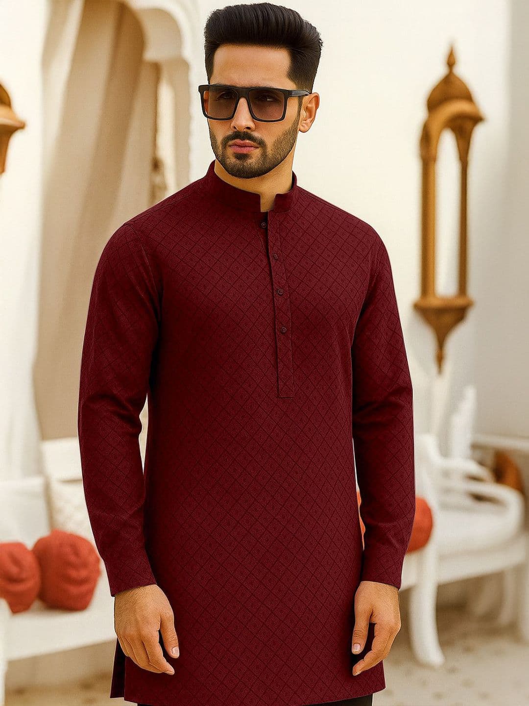 FTX Geometric Embroidered Mandarin Collar Thread Work Straight Kurta - view 1