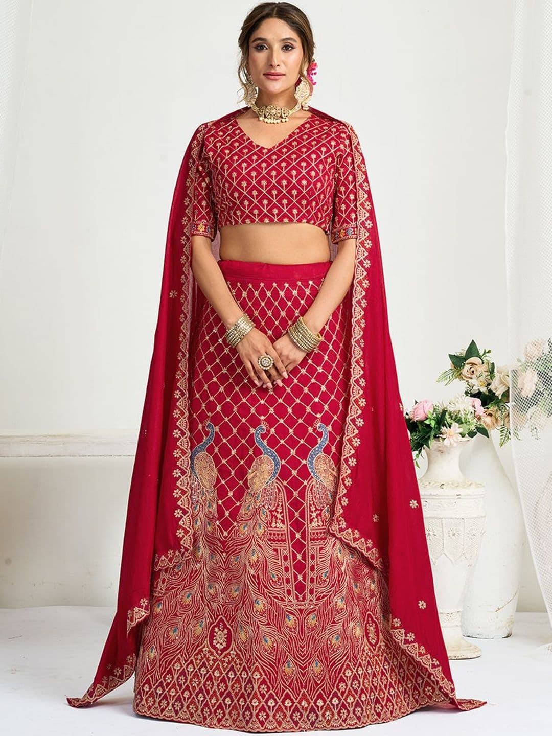 SHOPGARB Motifs Embroidered Sequinned Silk Semi-Stitched Lehenga & Blouse With Dupatta - view 1