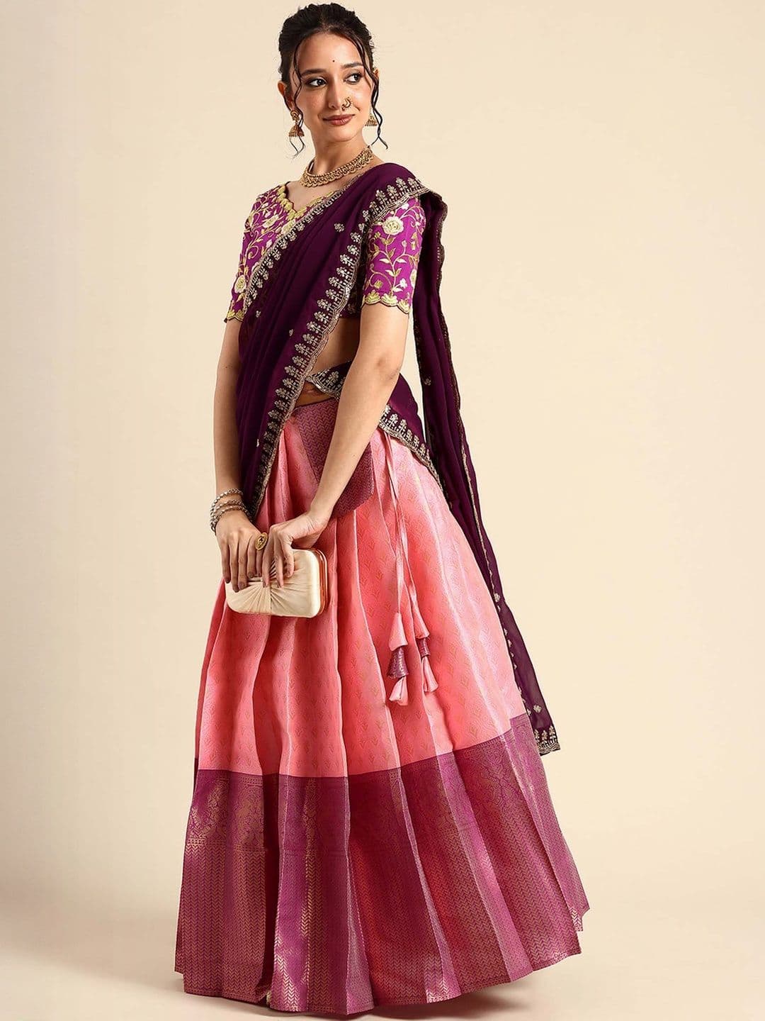 Fabcartz Trending Beautiful Unstitch South Indian Style Half Saree With Blouse & Dupatta - view 1