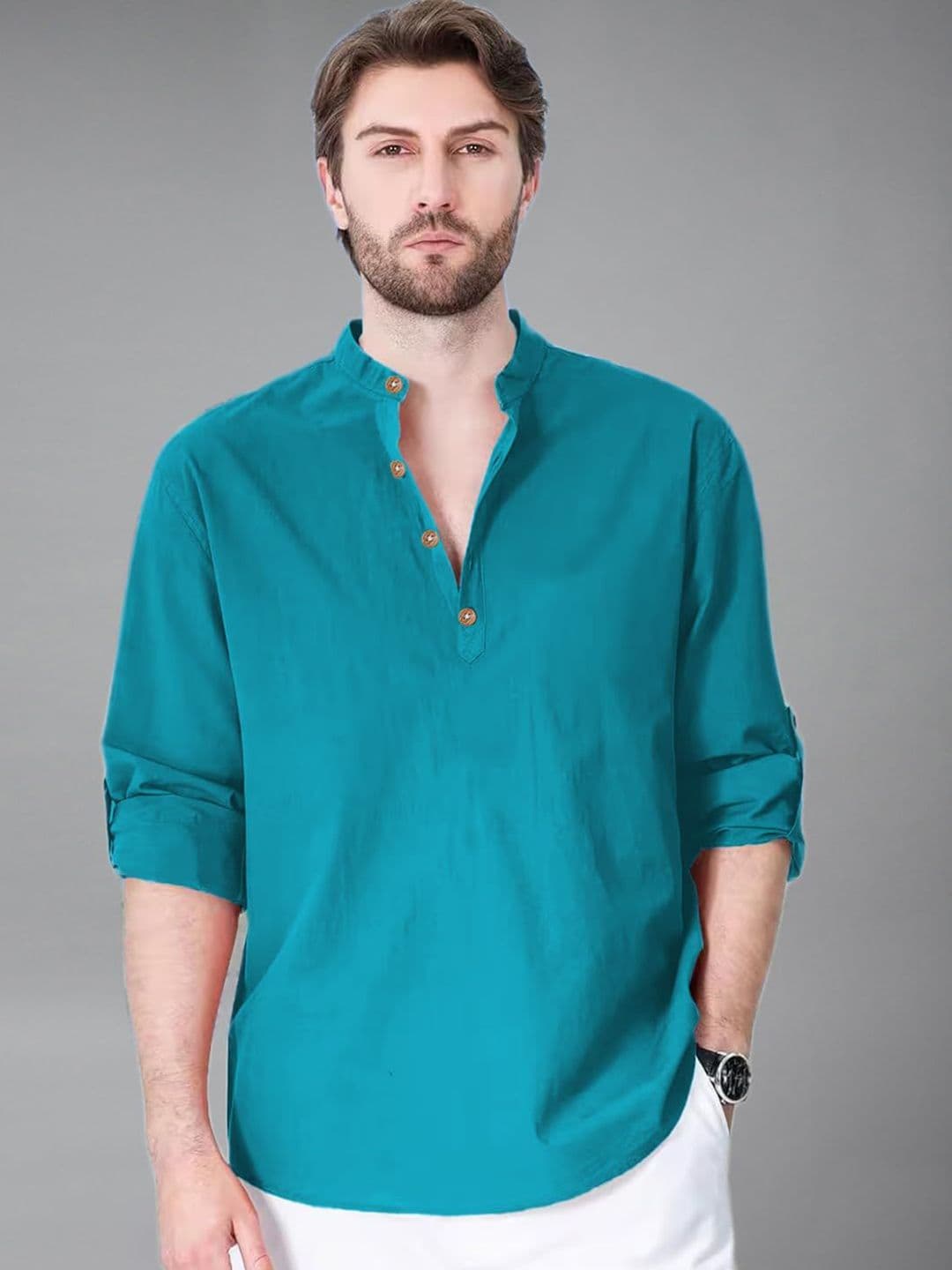 Navkanj Band Collar Roll-Up Sleeves Straight Short Kurta - view 1