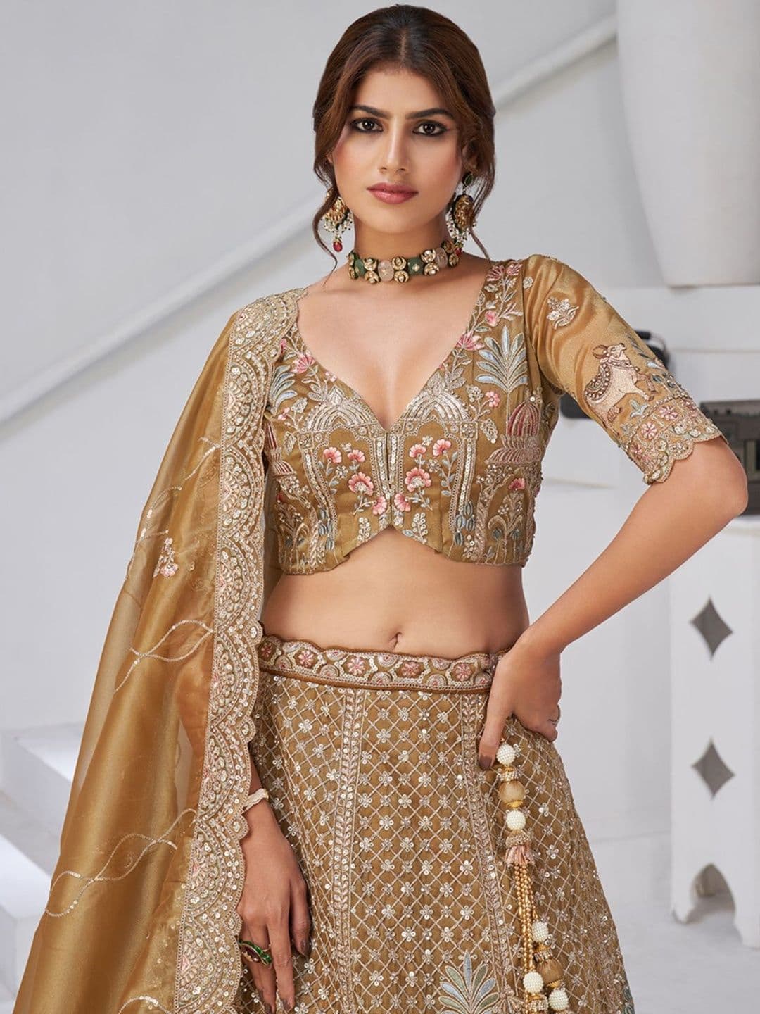 ODETTE Embroidered Golden Sequinned Organza Lehenga Choli With Dupatta - view 1
