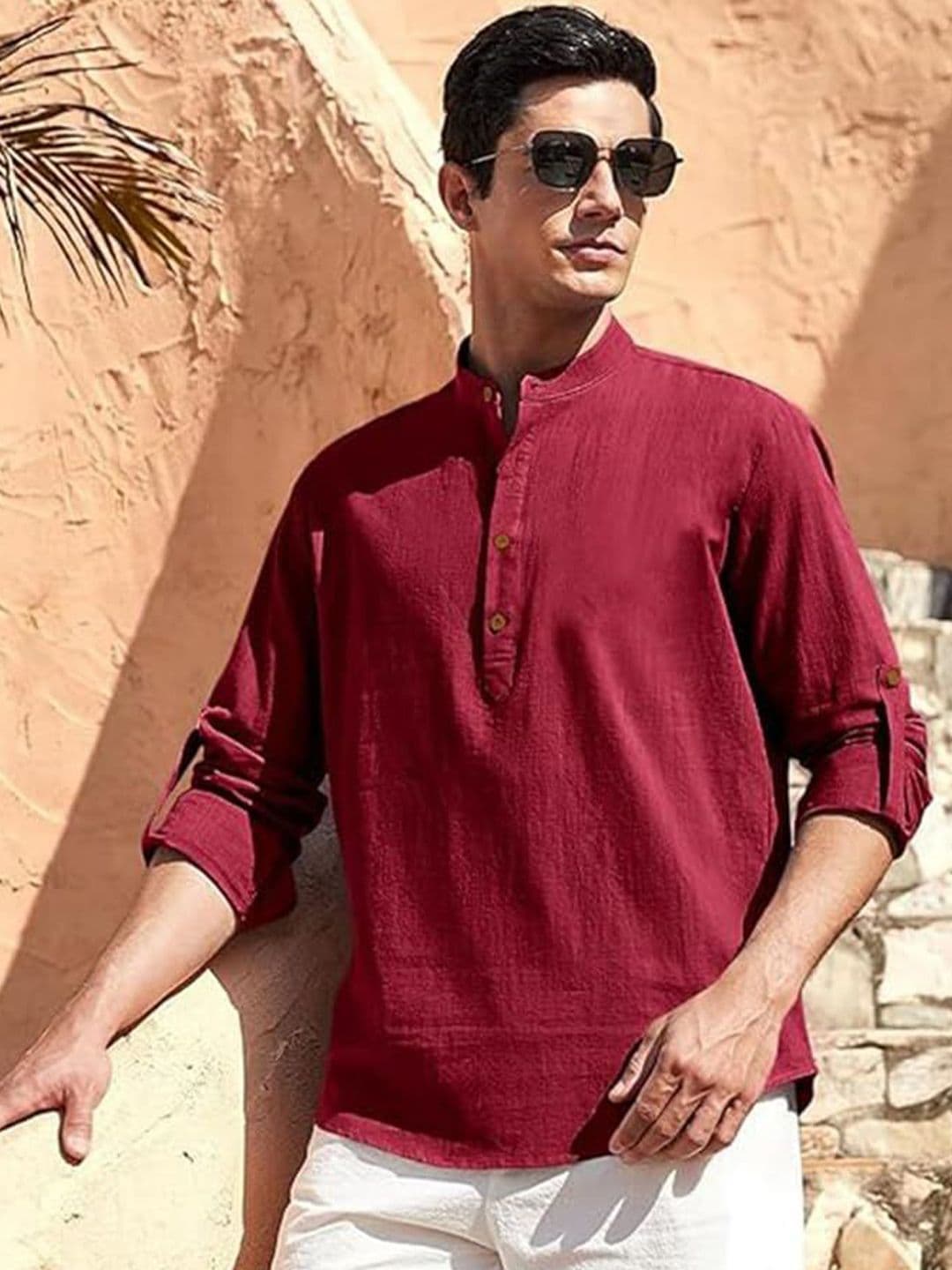 KNOWTED Mandarin Collar Roll-Up Sleeves Cotton Straight Short Kurta - view 1