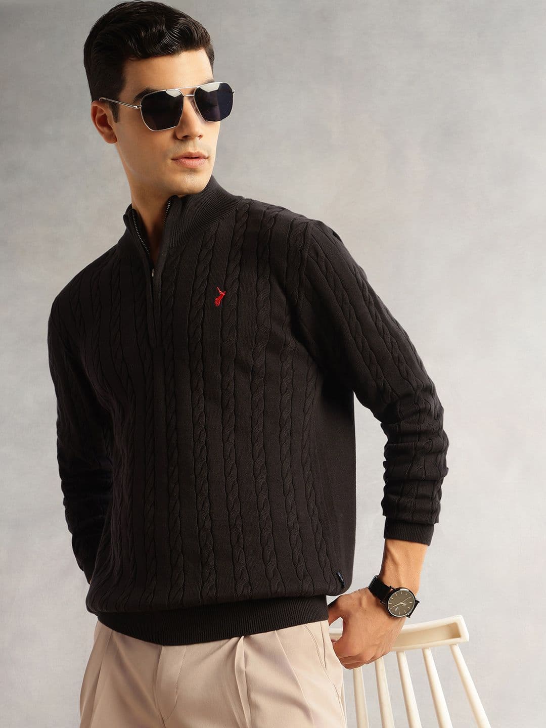 Thomas Scott Men Pure Cotton Cable Knit Pullover Sweaters with Embroidered Detail - view 1