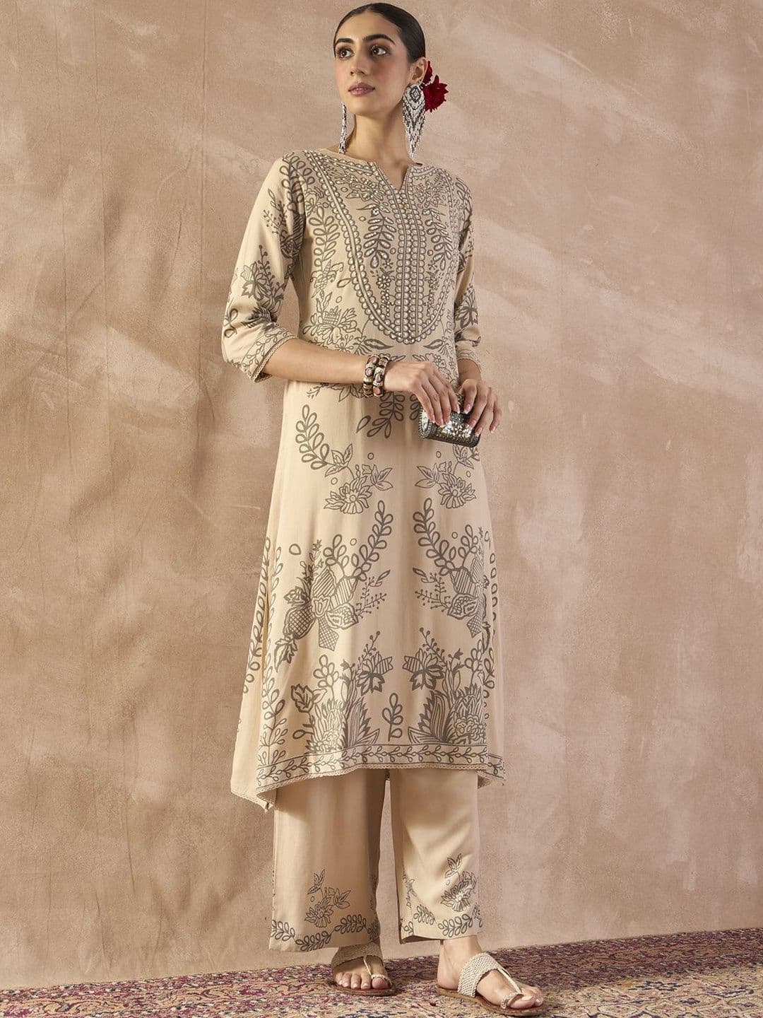 Indo Era Ethnic Motifs Printed Notch Neck Sequinned Straight Kurta With Trousers - view 1