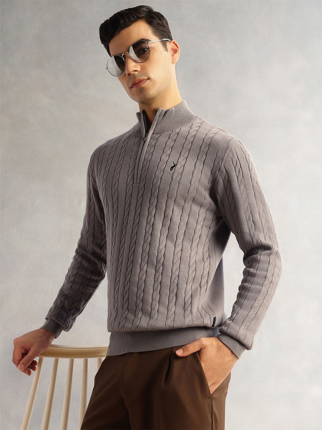 Thomas Scott Men Pure Cotton Cable Knit Mock Collar Pullover Sweaters - view 1