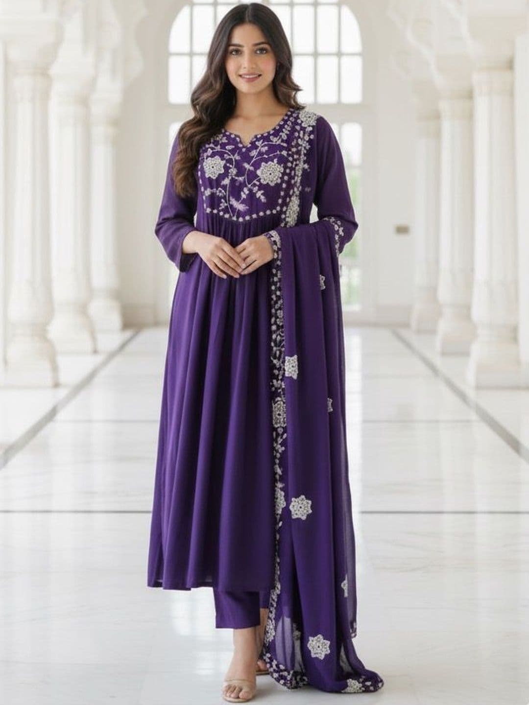 NEW ETHNIC 4 YOU Floral Embroidered Panelled Thread Work Kurta with Trousers & Dupatta - view 1