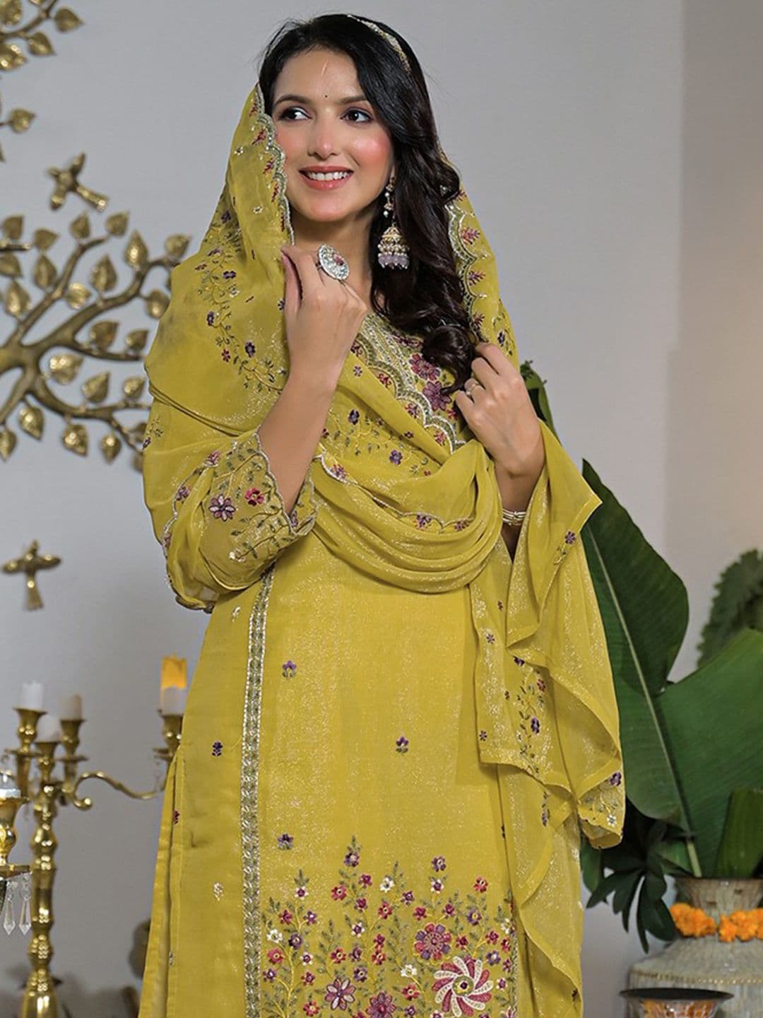 SANISA Floral Embroidered Straight Thread Work Kurta With Trousers & Dupatta - view 1