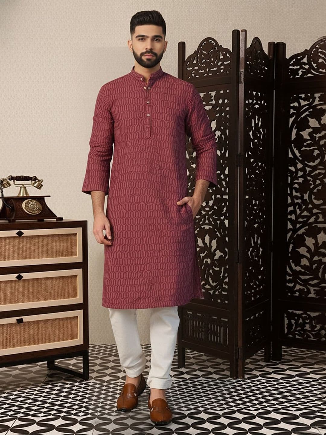 Anouk Rustic Abstract Printed Mandarin Collar Thread Work Long Sleeves Straight Kurta - view 1