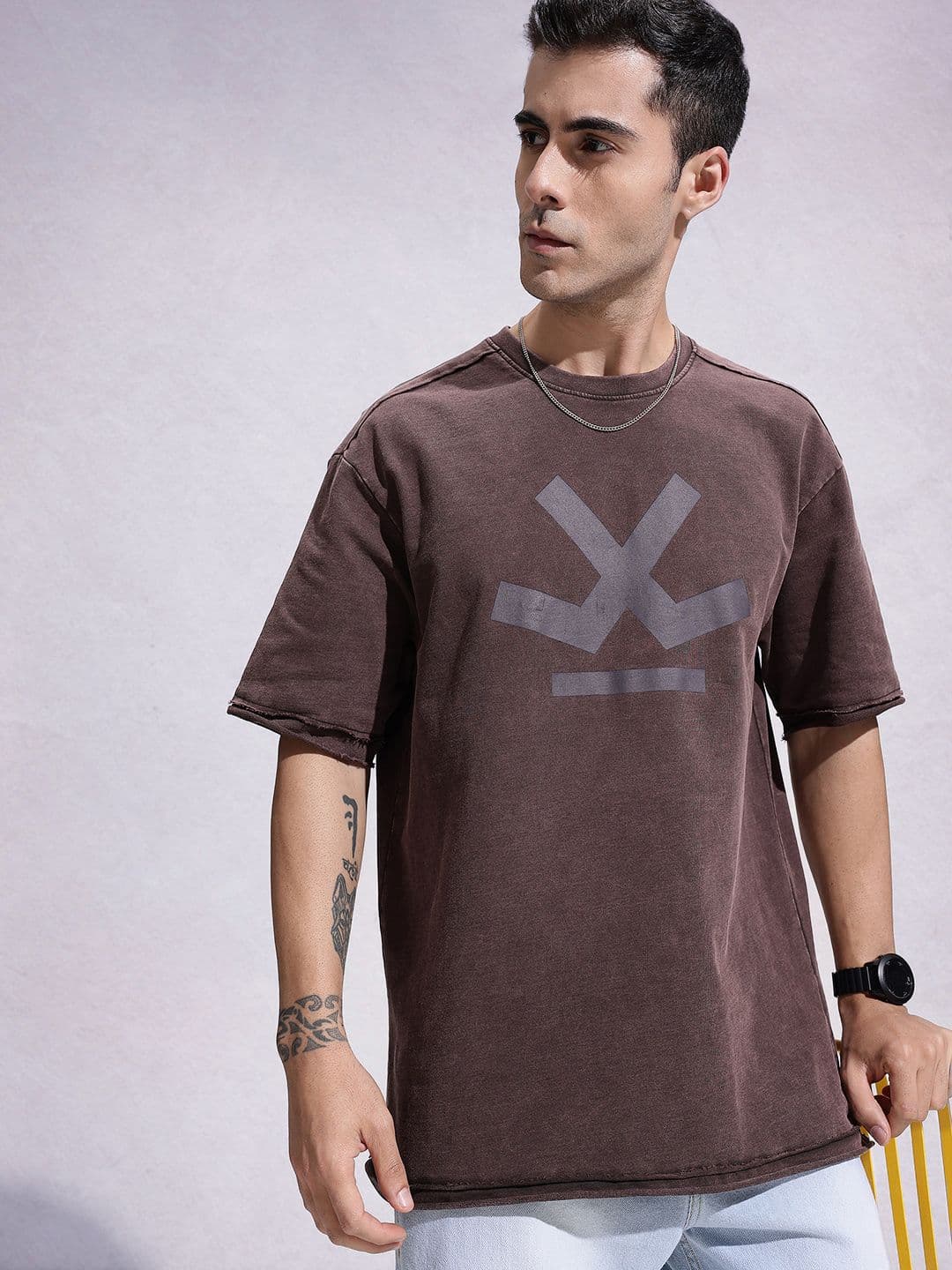 WROGN Brand Logo Printed Drop-Shoulder Sleeves Washed Effect Pure Cotton Oversized T-shirt - view 1