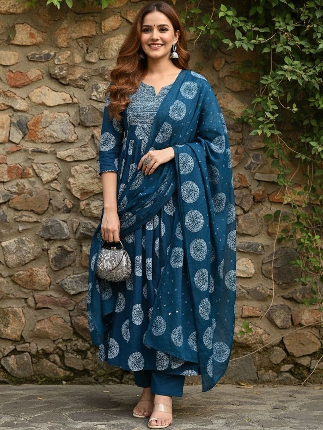 ARADHNA geometric Printed Notch Neck Anarkali Kurta With Trousers & Dupatta - view 1