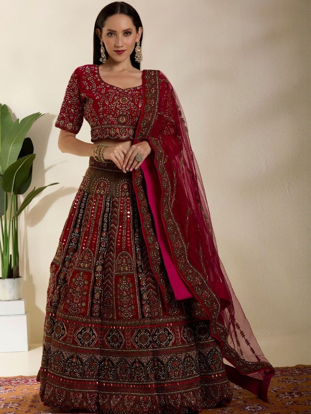 DESIGN ELEMENTS Embroidered Sequinned Semi-Stitched Lehenga & Blouse With Dupatta - view 1