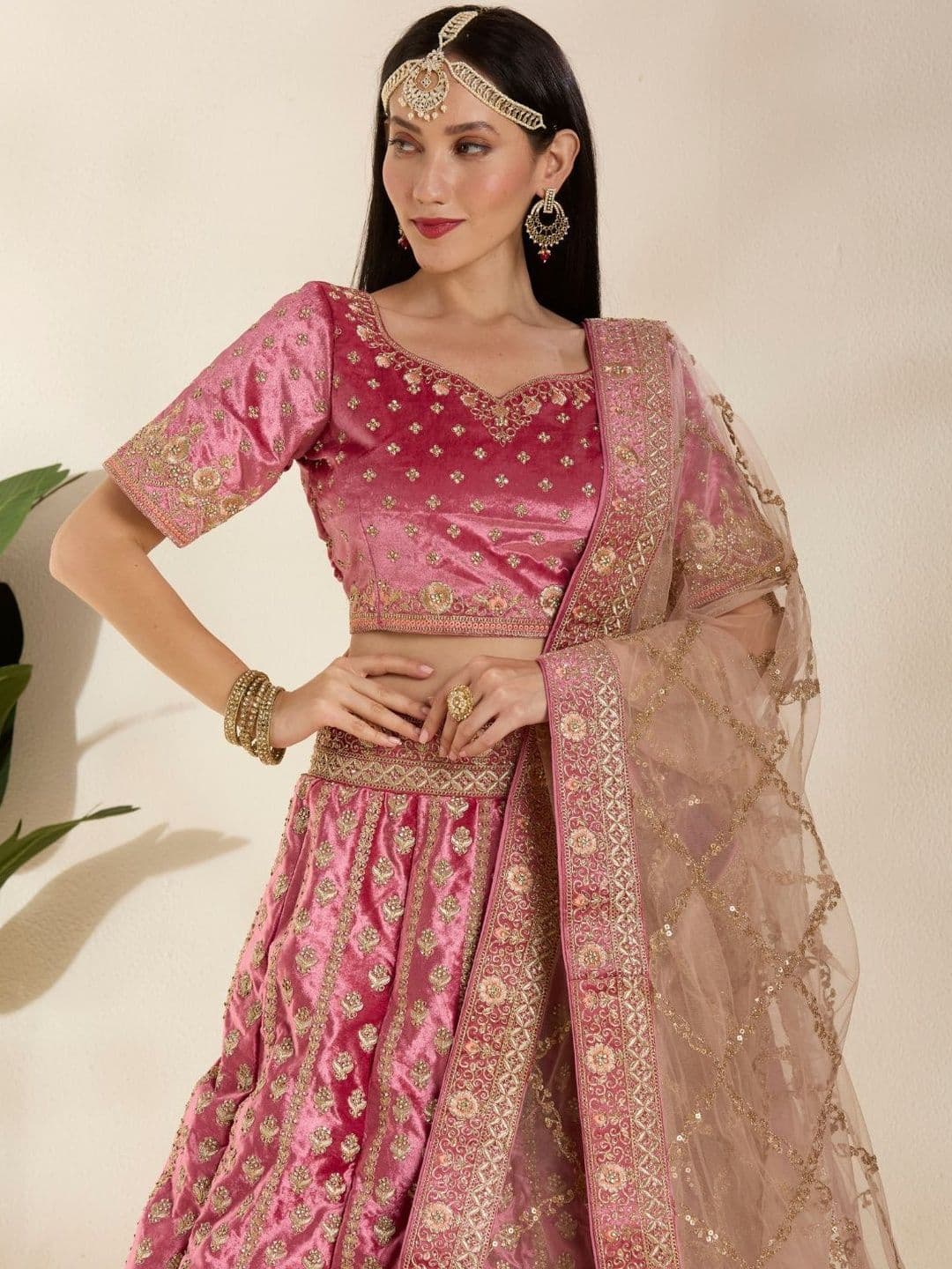 DESIGN ELEMENTS Embroidered Velvet Zari Semi-Stitched Lehenga & Blouse With Dupatta - view 1