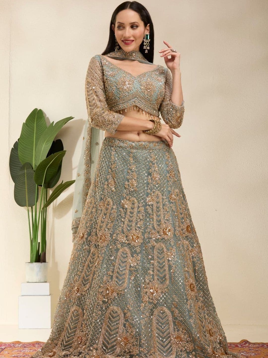 DESIGN ELEMENTS Embellished Sequinned Semi-Stitched Lehenga & Blouse With Dupatta - view 1
