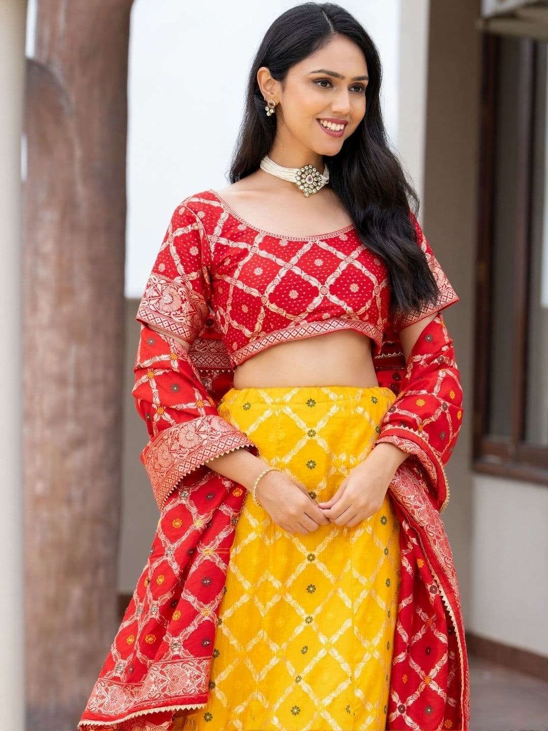 PRETTY PALLU Woven Design Scoop Neck Zari Ready to Wear Lehenga & Blouse With Dupatta - view 1