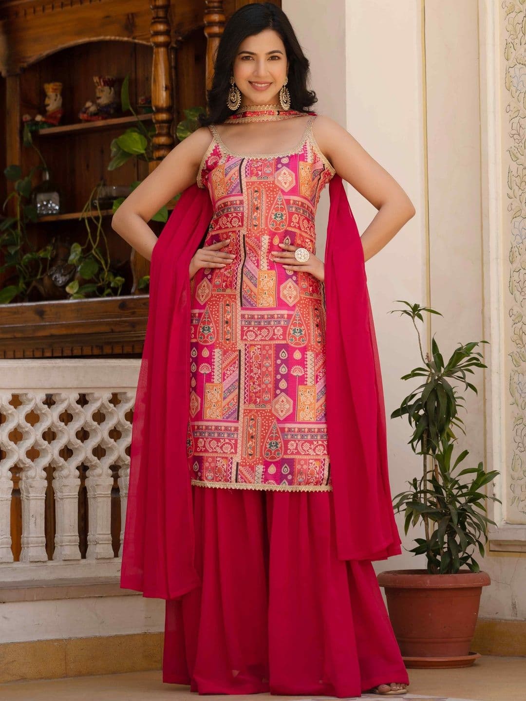 TextileNow Women Ethnic Motifs Printed Gotta Patti Kurta With Sharara & Dupatta Kurta Sets - view 1