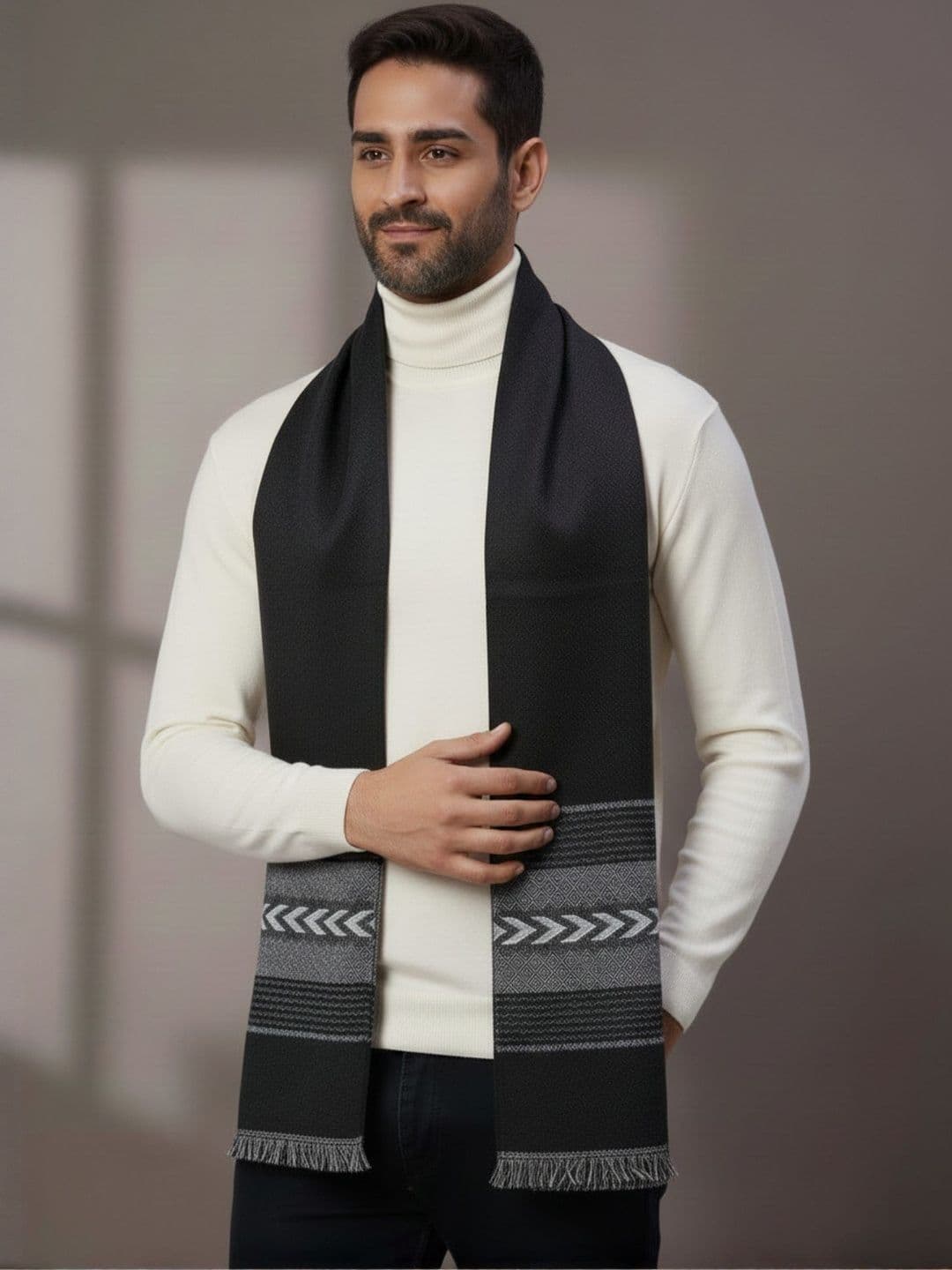 Zamour Men Striped Border Woollen Muffler - view 1