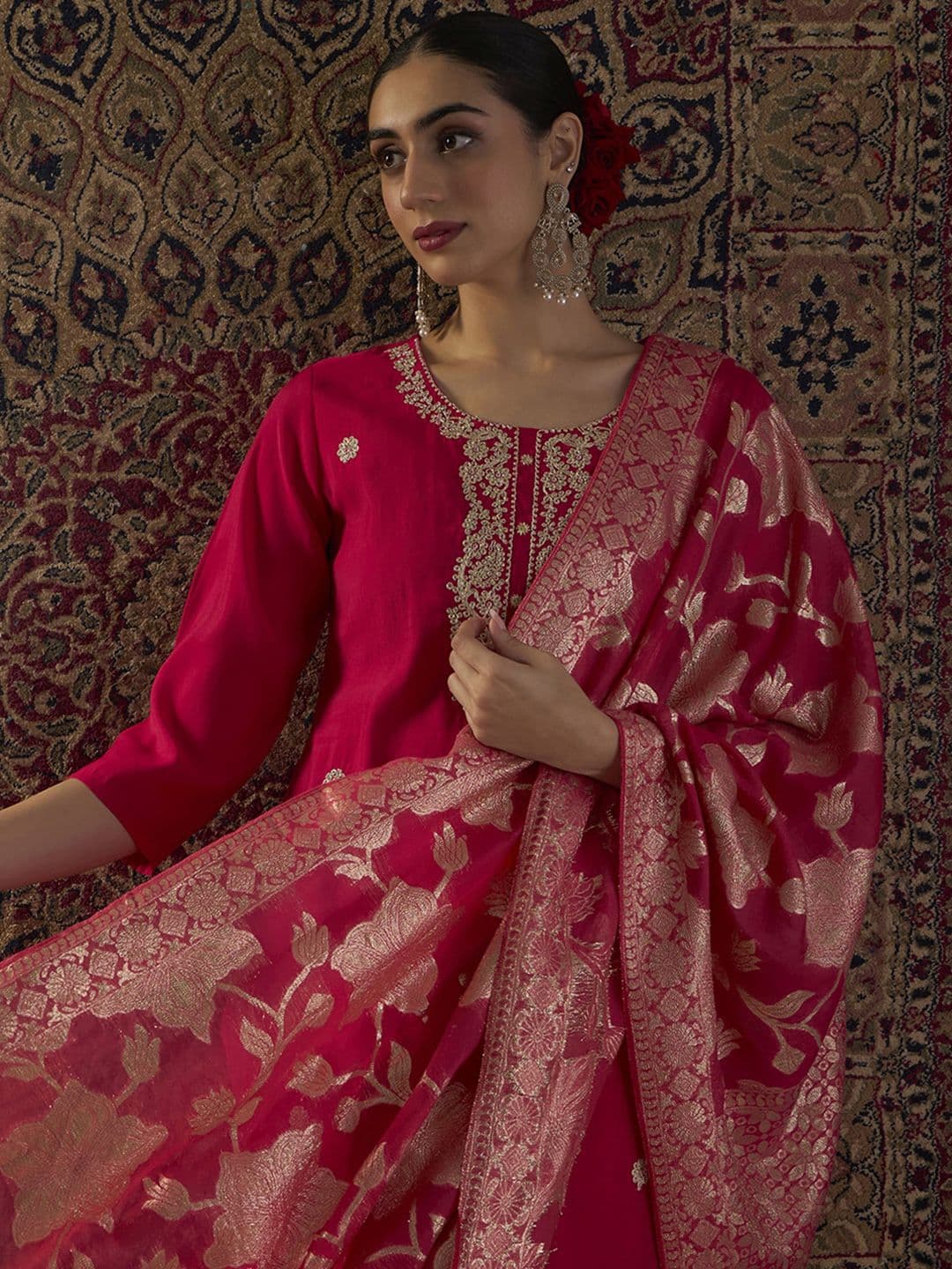 Indo Era Ethnic Motifs Embroidered Straight Kurta With Trousers & Dupatta - view 1