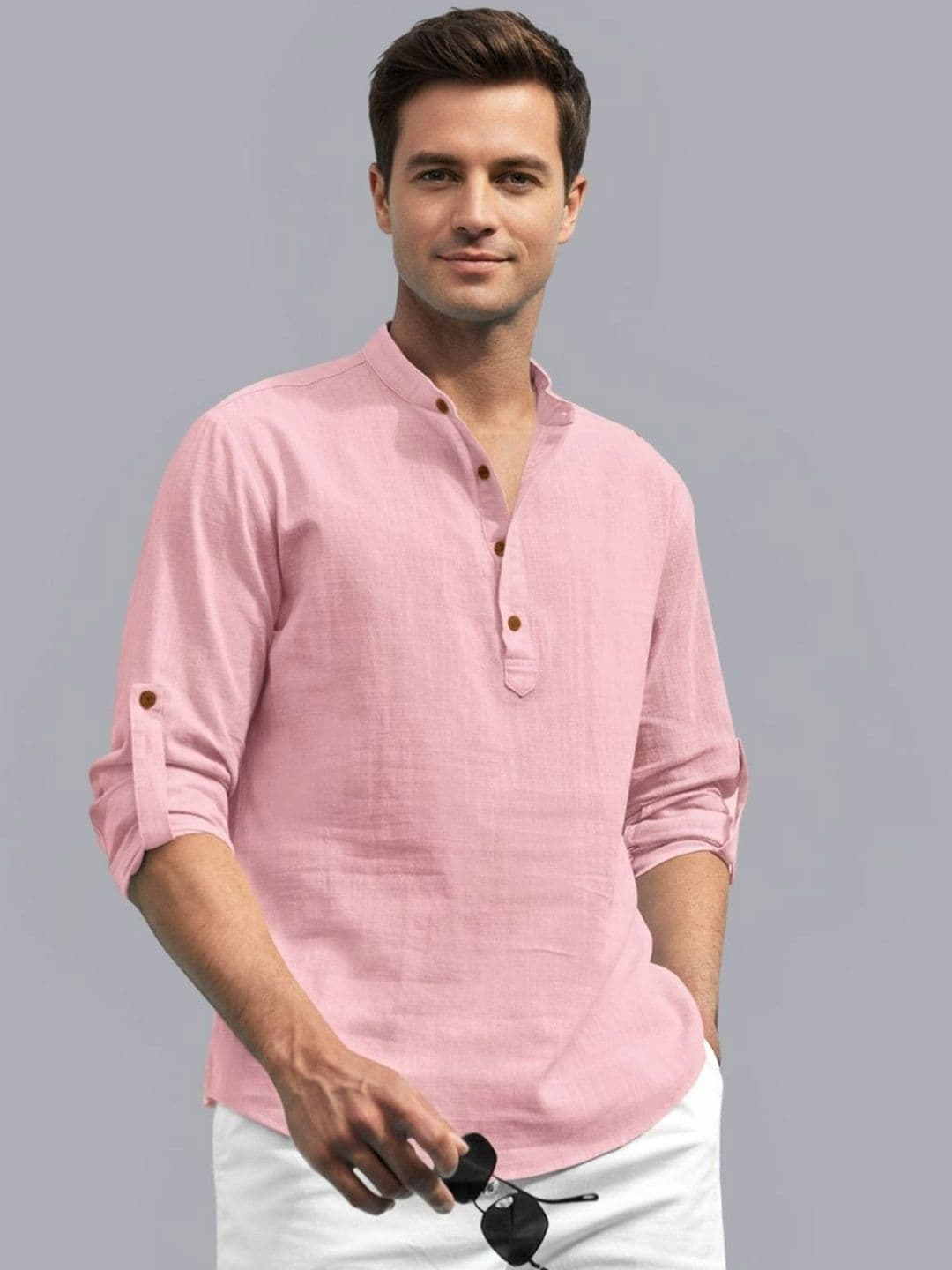 Zee Gold Men Mandarin Collar Roll-Up Sleeves Cotton Straight Kurta - view 1