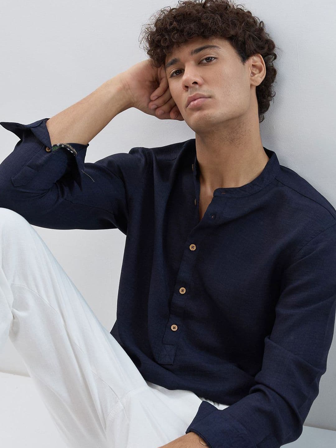 HERE&NOW Band Collar Roll-Up Sleeves Straight Kurta