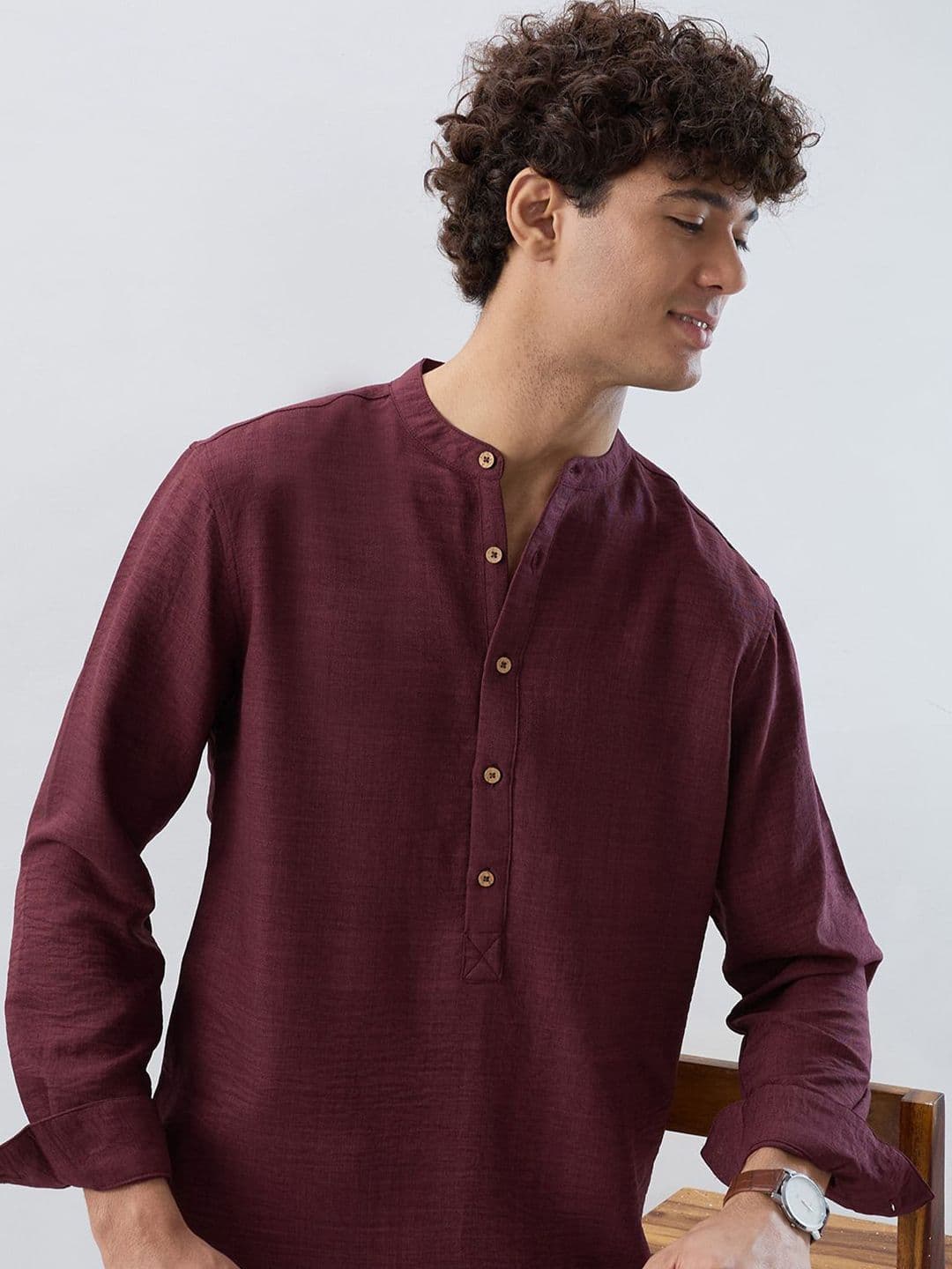 HERE&NOW Band Collar Roll-Up Sleeves Straight Kurta