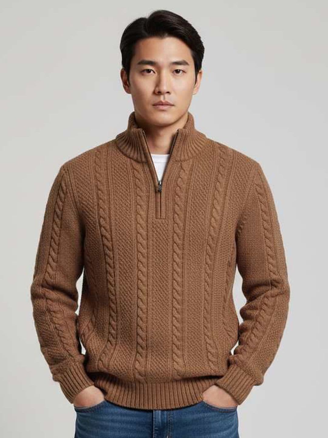 fashlook Men Cable Knit Mock Collar Half Zipper Pullover Sweater - view 1