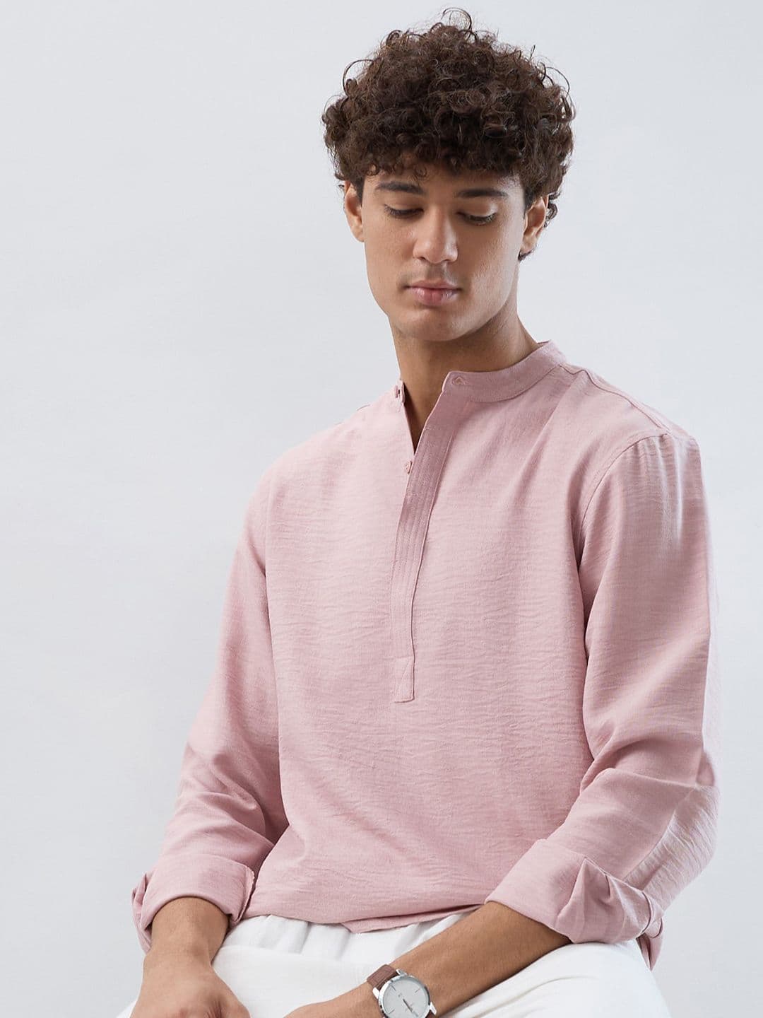 HERE&NOW Band Collar Roll-Up Sleeves Straight Kurta