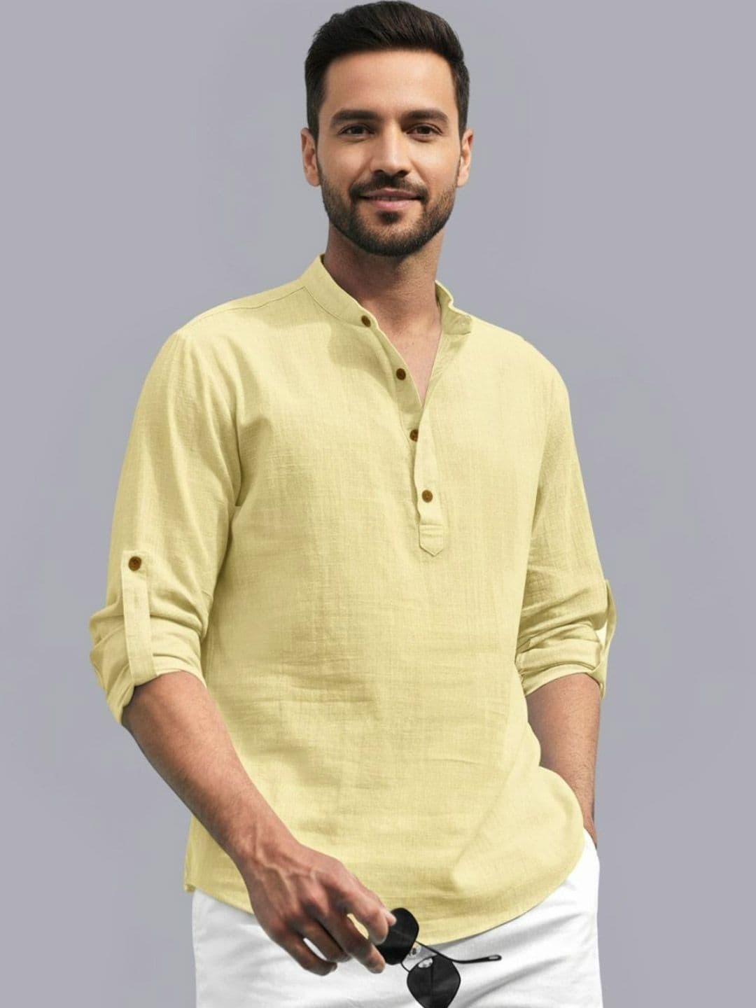 Zee Gold Men Mandarin Collar Roll-Up Sleeves Cotton Straight Kurta - view 1