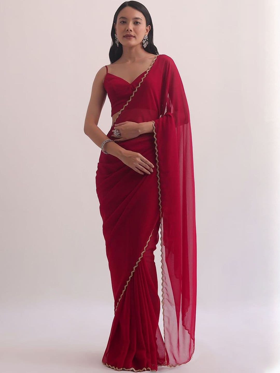 HERE&NOW Women Beads and Stones Scallop Border Pure Georgette Saree With Blouse Piece - view 1