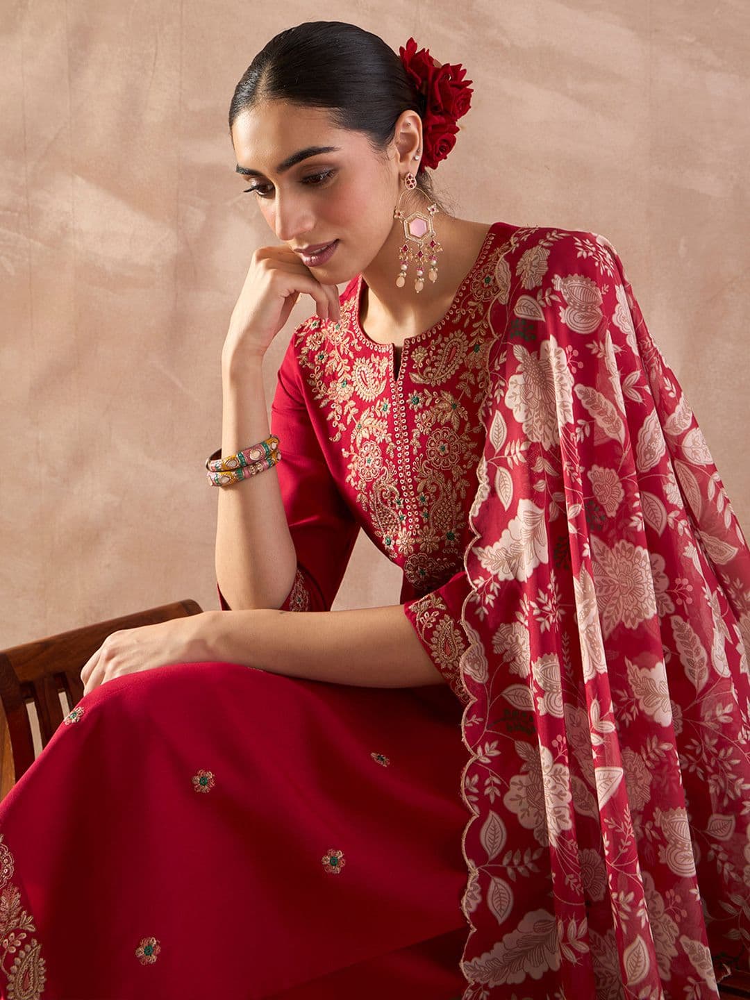 Indo Era Ethnic Motifs Embroidered Notch Neck Thread Work Kurta With Trousers & Dupatta - view 1