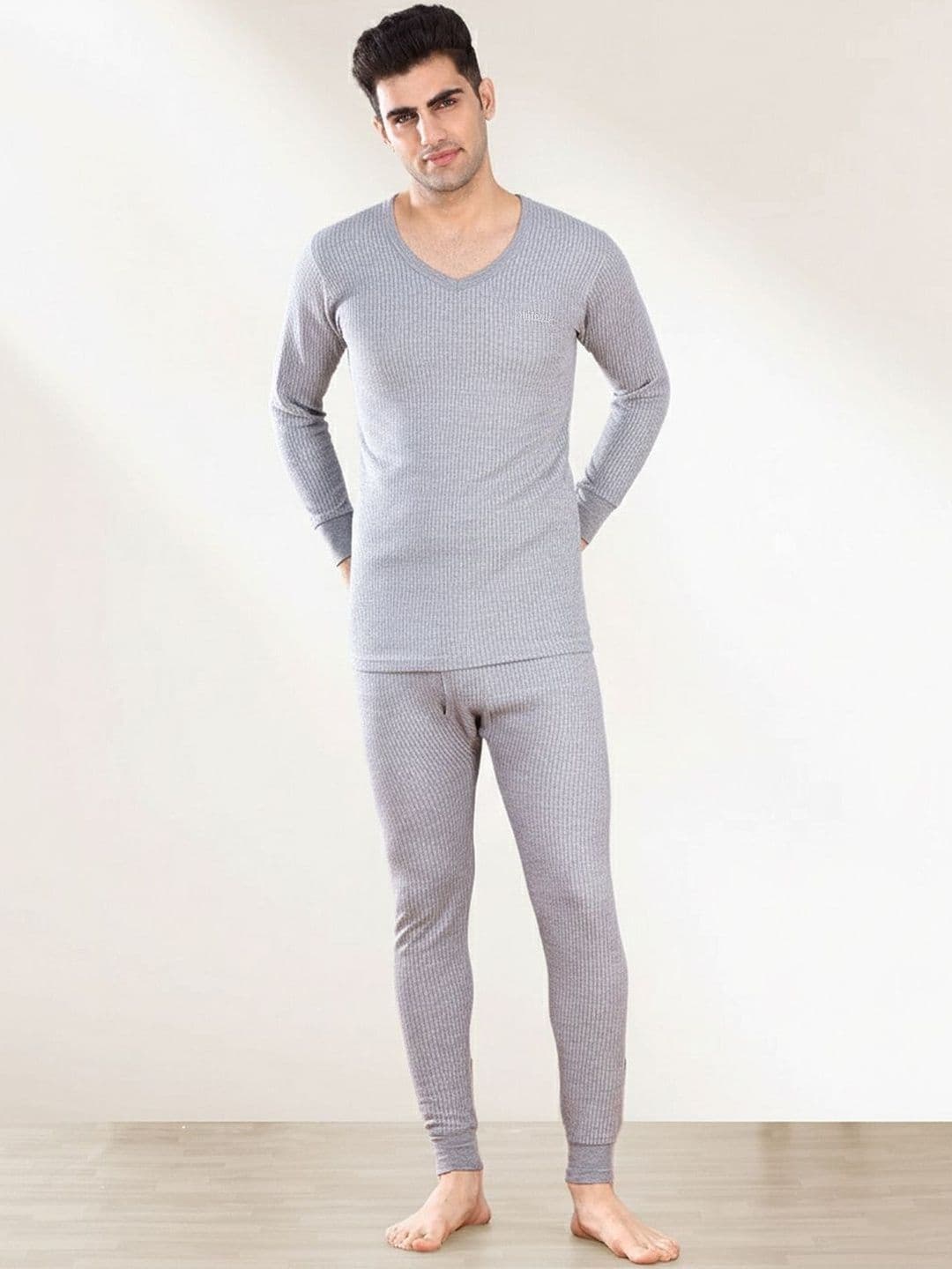 INFERNO Men Ribbed V-Neck Cotton Thermal Top - view 1