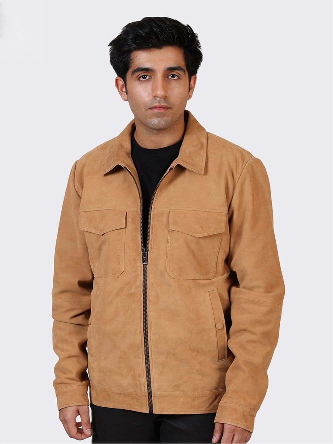 HUE & HIDE Men Solid Spread Collar Suede Leather Tailored Jacket - view 1